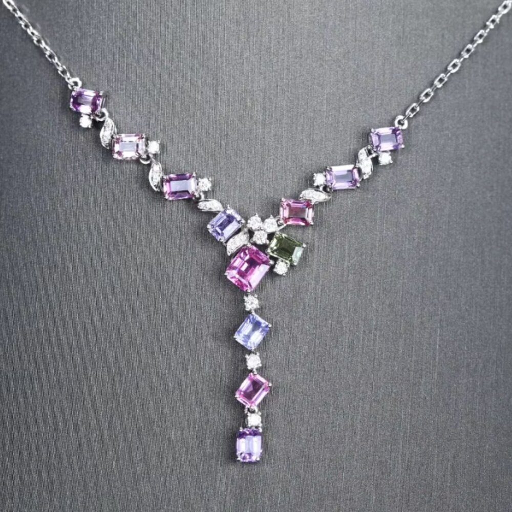 NEW 925 Sterling Silver Diamond Multi-Colored Gemstone Necklace